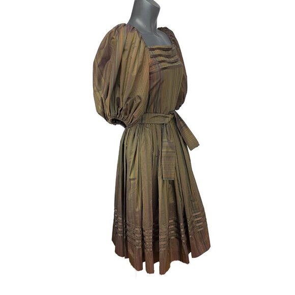 ALBERT NIPON VTG 70's Balloon Sleeves Chocolat Brown Green Taffeta Tent Dress S‎ - Picture 6 of 12